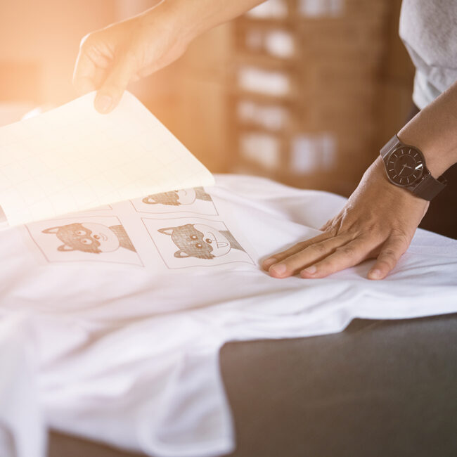 Young woman pull out paper from waterproof film on fabric. worker working on manual screen printing on t-shirt at her shop.